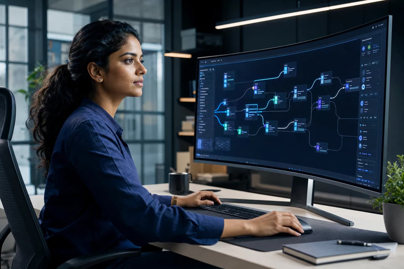 Illustrative view of a data scientist building an advanced AI workflow