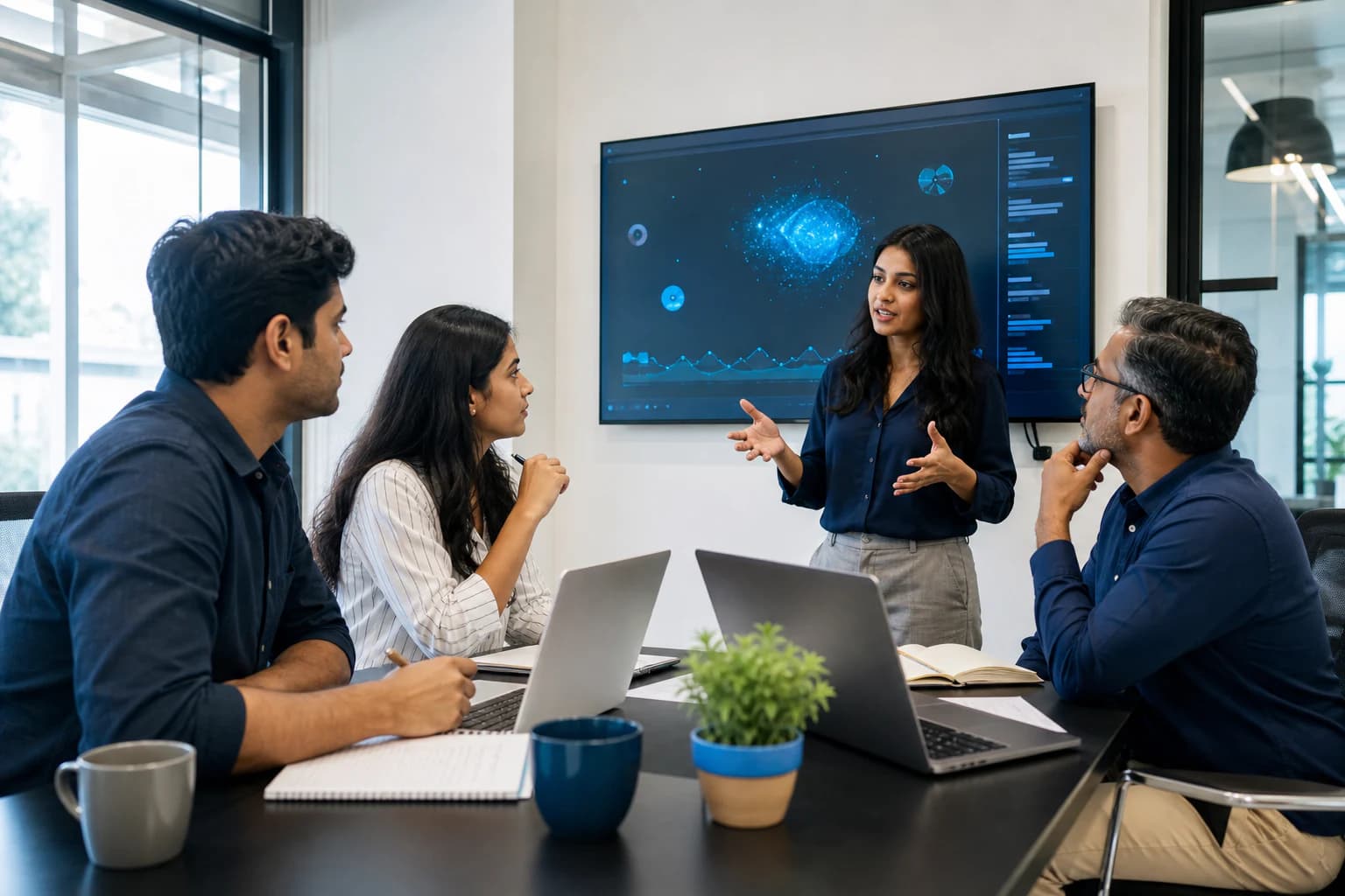 Illustrative view of professionals collaborating in a practical technology workshop