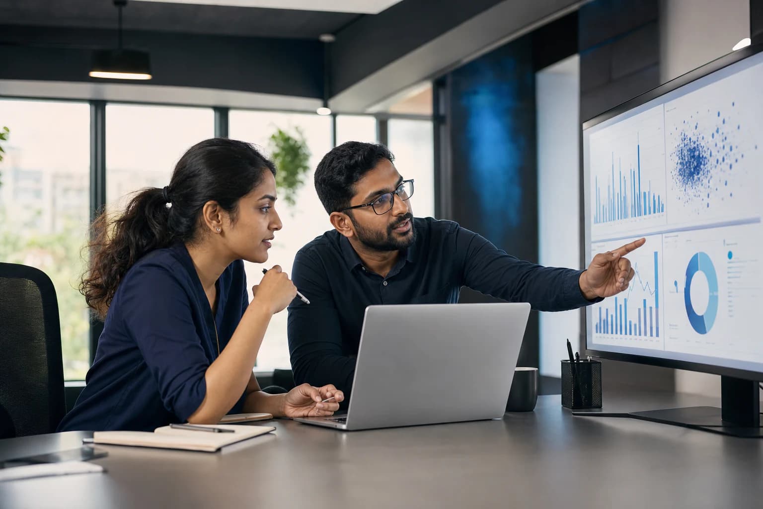 Illustrative view of a mentor and professional reviewing an analytics project